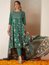 Janasya Women's Green Pure Cotton Floral Printed Yoke Design Anarkali Kurta Set